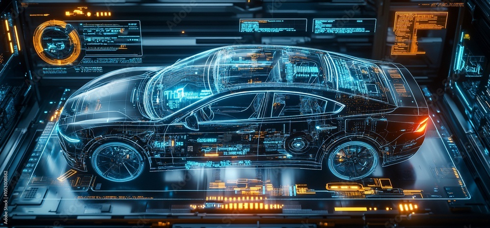 Poster A digital rendering of a car with a transparent body showing the car's inner workings. 