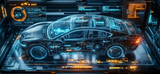 A digital rendering of a car with a transparent body showing the car's inner workings. 
