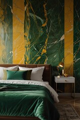 Contemporary apartment green yellow marble wall bedroom interior