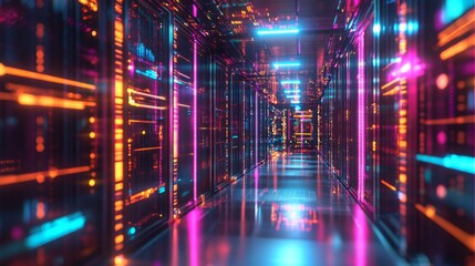 Fototapeta premium Futuristic Data Center with Neon Lights and Reflections