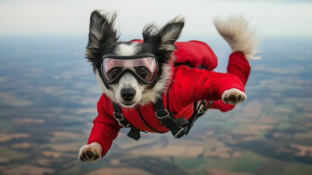 Dog Skydiving in a Bright Red Skydiving Suit, Goggles On, Ears Flapping in the Wind