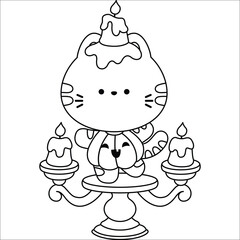 a vector of a cat in costume with some objects in black and white coloring