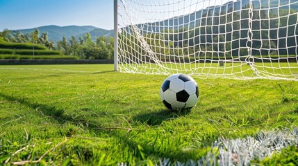 Shot of the ball on the green field near the goal on a sunny day.