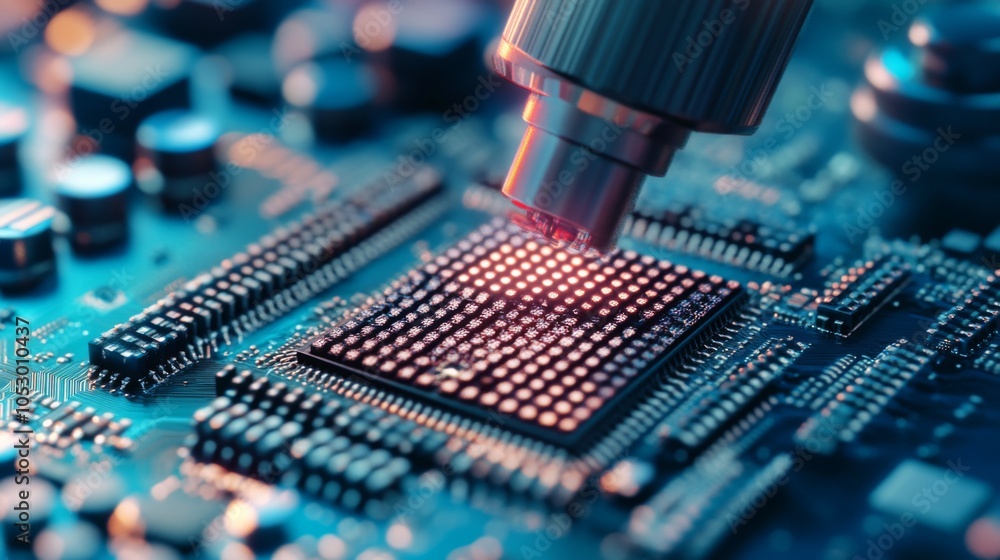 Poster close-up of microchip on circuit board with focus light