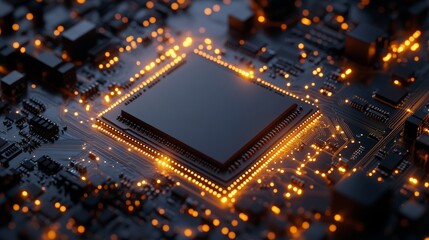 Obraz premium Close-up of a computer chip on a high-tech black background