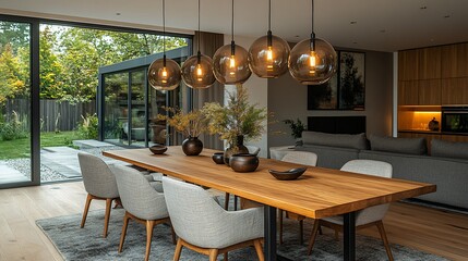 Modern dining room with a wooden table, six chairs, a rug, and a glass door leading to a garden.