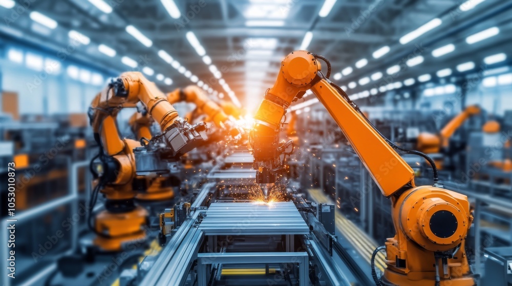 Poster industrial automation with robotic arms in factory setting