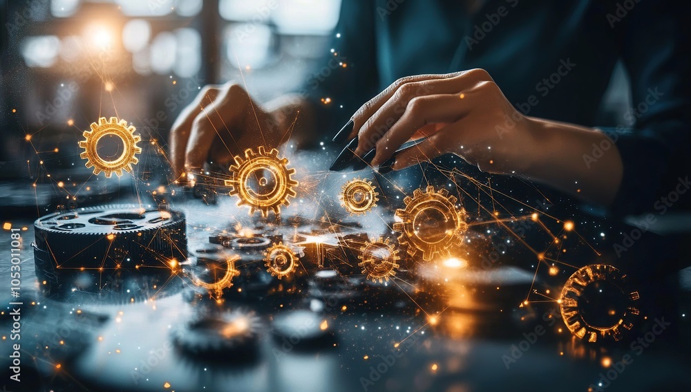 Poster close-up of a person's hands working on a desk with glowing gears and network lines.
