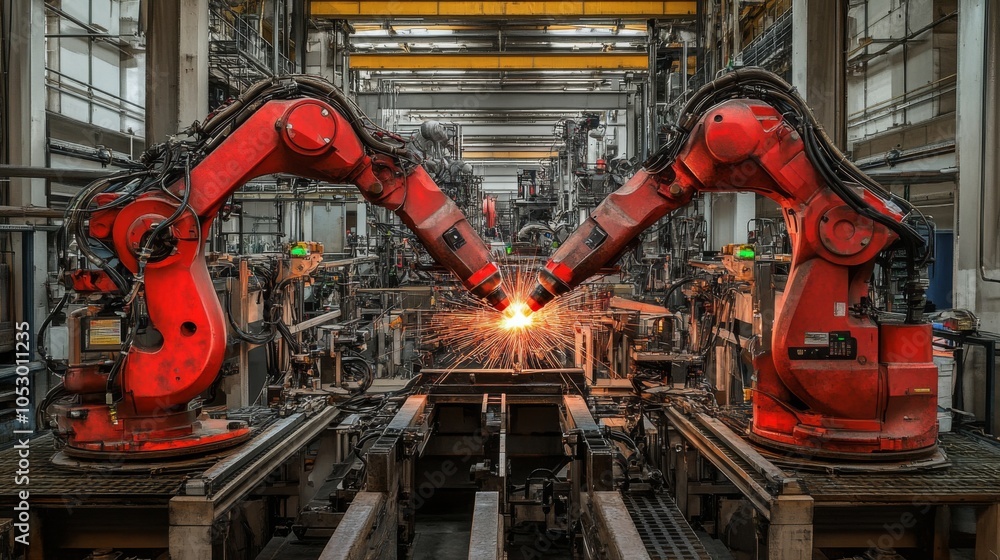 Poster robotic arms in action creating sparks in a factory
