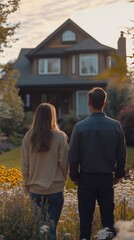 A husband and wife standing in front of a new home they are thinking of buying together for their first home