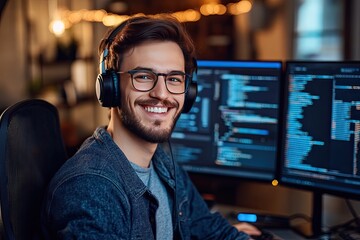 Smiling programmer at computer. Perfect for website or blog post about coding.