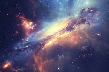 Glowing spiral galaxy with bright center and colorful glowing gas clouds in deep space