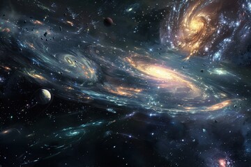 Breathtaking??of swirling galaxies, glowing planets, and celestial bodies amidst a sea of stars.