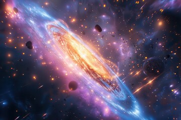 Glowing spiral galaxy with colorful nebula and asteroids