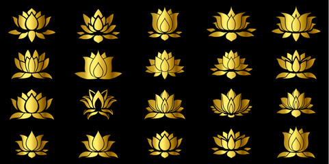 set of golden lotus flower, spiritually healthy lifestyle, spa and yoga, Lotus Blossoms balance harmony vector icon symbol	