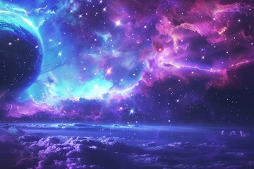 Breathtaking??of a colorful nebula and a distant planet.