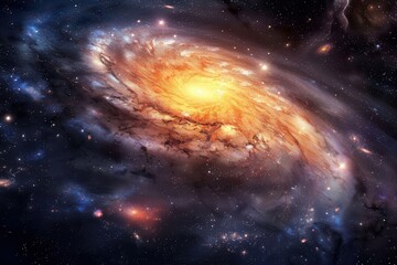 Glowing spiral galaxy with bright center and dust formations in deep space.