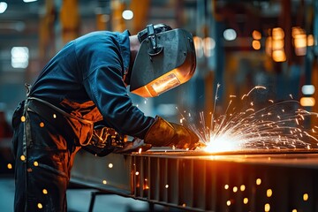 Welder working with sparks flying. This photo can be used for articles about construction, engineering, or manufacturing.
