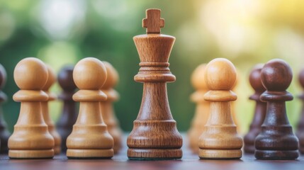 Chess Game with Wooden Pieces on a Blurred Background