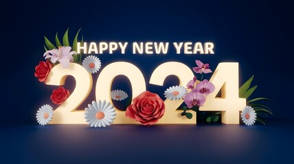 Obraz premium Elegant Happy New Year 2024 card with metallic golden numbers and floral decorations