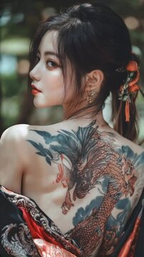 和の美と龍のタトゥー 和装を纏った女性の力強い後ろ姿 Japanese beauty and dragon tattoos - powerful back view of a woman in kimono