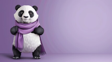 A cartoon panda bear wearing a purple scarf.