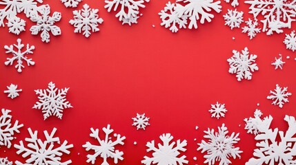 Snowflakes falling on a red background, a Christmas card design with a white snowflake pattern. Vector illustration of a winter background for holiday season decoration or a web banner