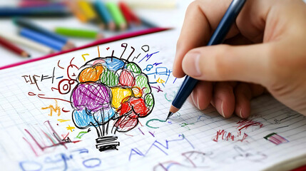 Creative brainstorming with colorful sketches on notepad
