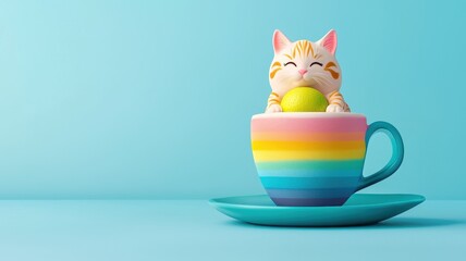 Cute cat figurine in a colorful cup, playful decor on a soft blue background.