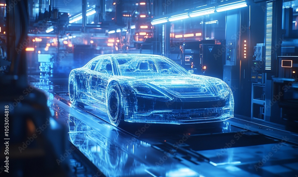 Aufkleber a futuristic car assembly line, with a wireframe car being assembled. the line is lit with blue and 