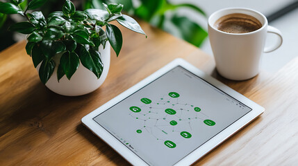 digital tablet displaying colorful mind map on wooden table with plant and coffee