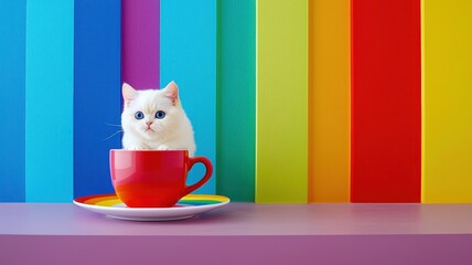 White cat sitting in a red cup against a colorful striped background.