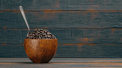 Wooden bowl filled with coffee beans and a spoon on rustic wooden table.