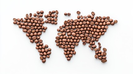 World map created from coffee beans on white isolate background.