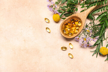 Composition with wooden spoon of pills and fresh herbs on color background