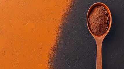 Wooden spoon with cocoa powder on orange and black textured background