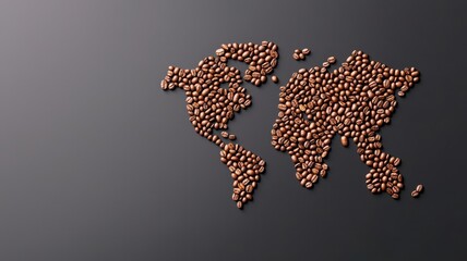 World map created with coffee beans on a dark background.