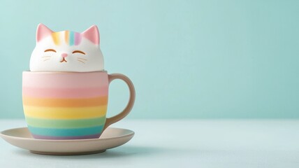 A cute cat-shaped mug with pastel rainbow colors against a soft blue background.