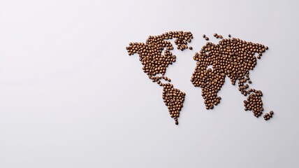 World map created with coffee beans on a white isolated background.