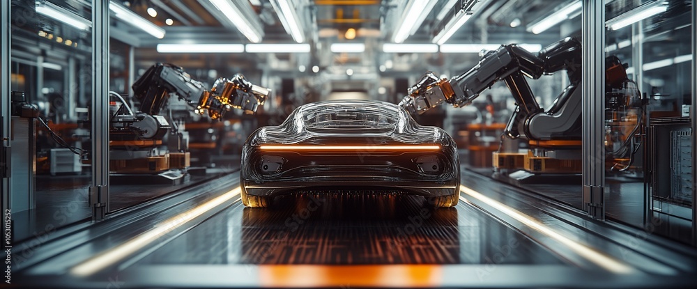 Aufkleber a futuristic car being assembled by robotic arms on a production line in a factory.