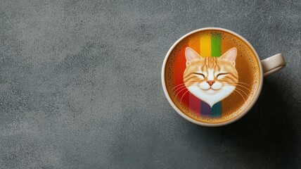Cat latte art in colorful cup on a gray background.