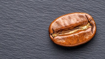 Coffee bean on dark textured surface, close-up view.