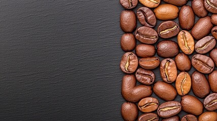Coffee beans arranged beautifully on a dark textured background.