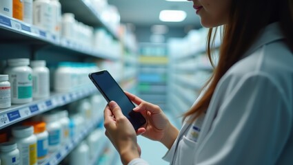 Pharmacist Using Smartphone to Check Inventory in Pharmacy