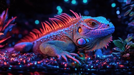 Obraz premium A vibrant green iguana with red and blue highlights sits on a bed of stones under colorful lights.