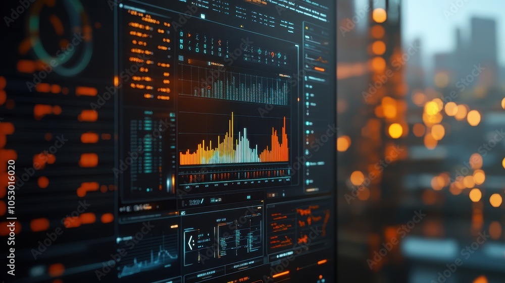 Poster close-up of a digital data analytics dashboard displaying colorful financial charts and metrics, wit