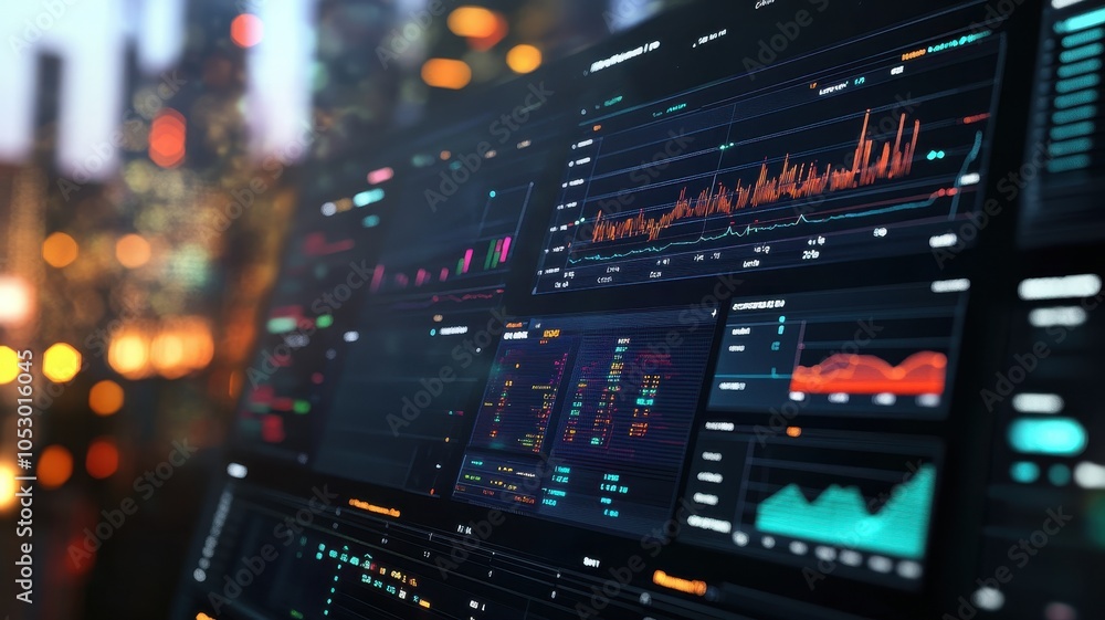 Poster close-up of a digital data analytics dashboard displaying colorful financial charts and metrics, wit