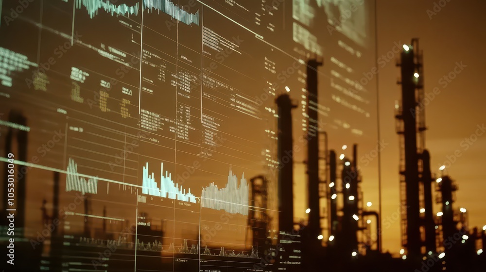 Poster a close-up of an oil company's dashboard displaying real-time data on production and resources, with