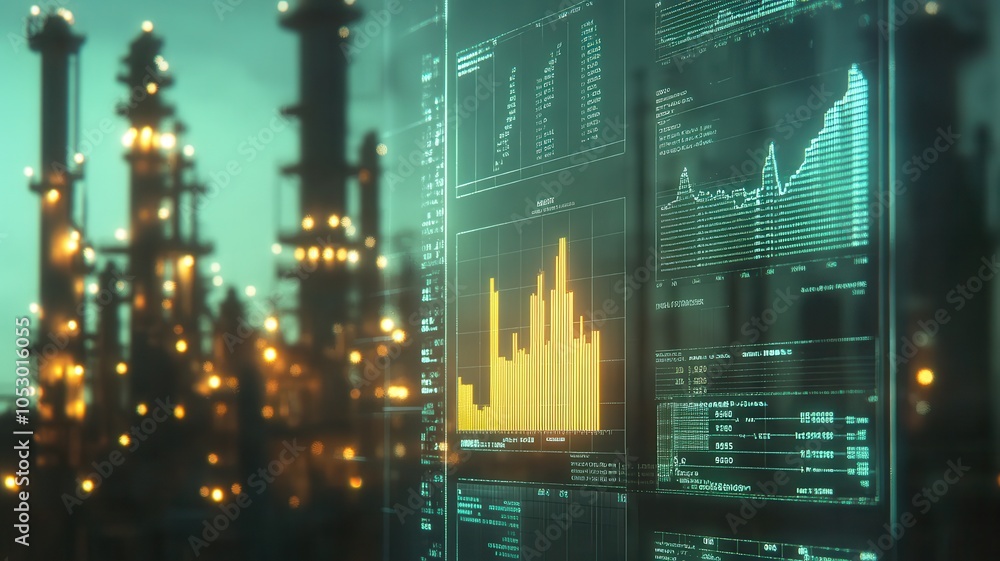 Poster a close-up of an oil company's dashboard displaying real-time data on production and resources, with