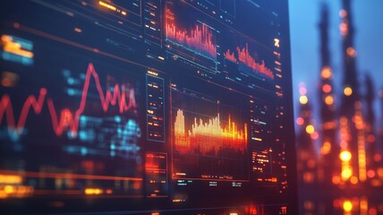 Obraz premium A close-up of an oil company's dashboard displaying real-time data on production and resources, with background silhouettes of the chemical plant in soft focus.